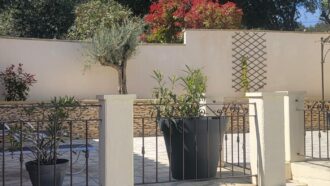 Patio ensoleillé avec murs en pierre et plantes en pot, idéal pour un séjour en groupe dans un gîte en Ardèche. Derrière le patio, découvrez un mur blanc, un buisson à feuilles rouges, un olivier et de grands arbres verts sous un ciel bleu limpide.