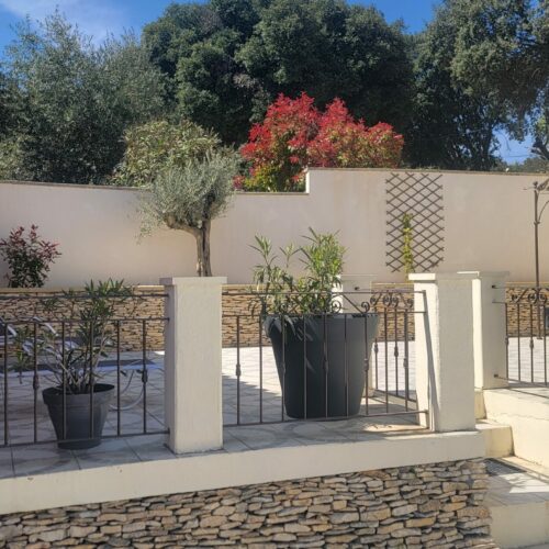 Patio ensoleillé avec murs en pierre et plantes en pot, idéal pour un séjour en groupe dans un gîte en Ardèche. Derrière le patio, découvrez un mur blanc, un buisson à feuilles rouges, un olivier et de grands arbres verts sous un ciel bleu limpide.