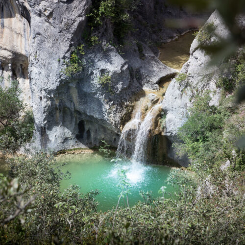 Une petite cascade se jette dans un bassin turquoise entouré de falaises rocheuses et d'une végétation luxuriante, vue d'en haut à travers des branches en surplomb près du Mas Saint Antoine, un gîte accueillant en Ardèche parfait pour votre escapade en groupe.