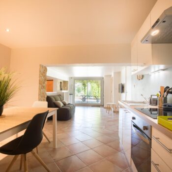 Modern kitchen and dining area with a wooden table, black and white chairs, potted plant, and appliances. This gîte Ardèche features an open layout leading to a bright living room with large windows and views of greenery outside.