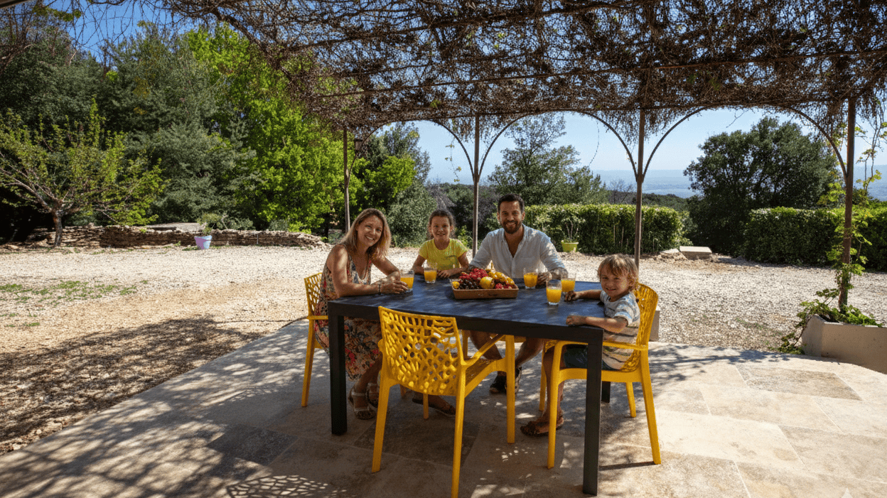 A family of four sits at a patio table under a vine-covered pergola at Mas Saint Antoine, enjoying drinks and fruit. They are outside in a sunny, rural setting with trees and distant hills, perfect for a relaxing gîte Ardèche escape. A family of four sits at a patio table under a vine-covered pergola at Mas Saint Antoine, enjoying drinks and fruit. They are outside in a sunny, rural setting with trees and distant hills, perfect for a relaxing gîte Ardèche escape.