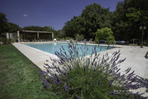 Grande piscine au sel 13×6 m du Mas Saint Antoine, chaises longues et coin salon ombragé, idéale pour des vacances en famille en Ardèche