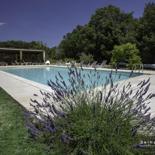 Grande piscine au sel 13×6 m du Mas Saint Antoine, chaises longues et coin salon ombragé, idéale pour des vacances en famille en Ardèche