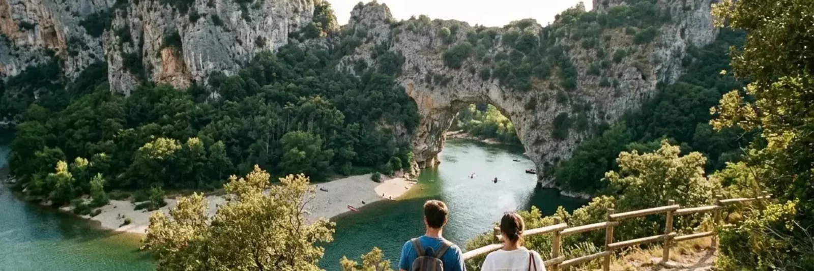 Couple admirant le pont d'arc en d'Ardèche méridionale