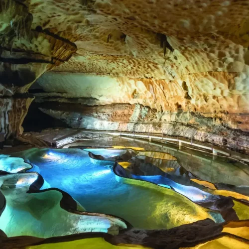 Cascade de gours unique en Europe à la Grotte de Saint-Marcel d'Ardèche avec scénographie lumineuse