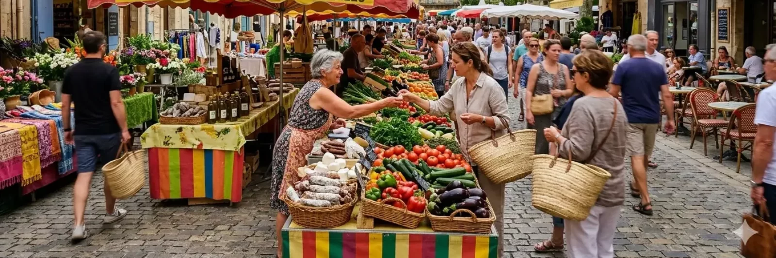 Étal coloré de fruits et légumes sur un marché provençal du sud Ardèche en été