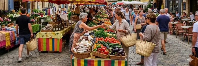 Étal coloré de fruits et légumes sur un marché provençal du sud Ardèche en été