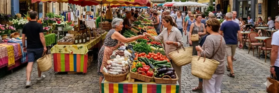 Étal coloré de fruits et légumes sur un marché provençal du sud Ardèche en été