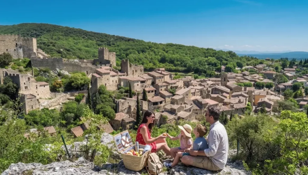 Saint-Montan en Ardèche, village médiéval restauré perché sur le rocher de l'Agache au coucher du soleil