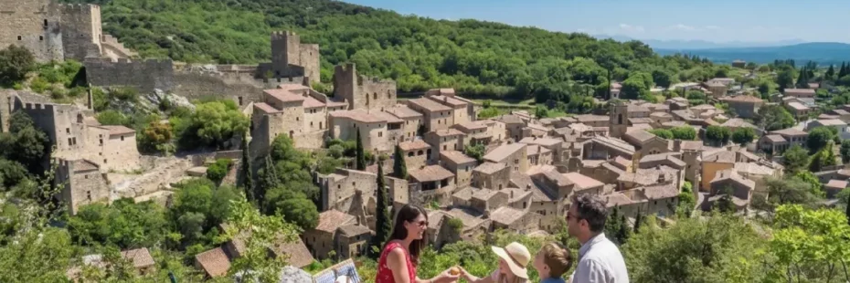 Saint-Montan en Ardèche, village médiéval restauré perché sur le rocher de l'Agache au coucher du soleil