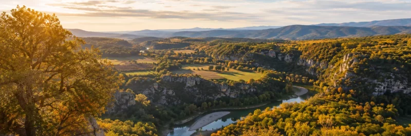 Châtaigneraie et vignes aux couleurs d'automne en Ardèche méridionale en octobre