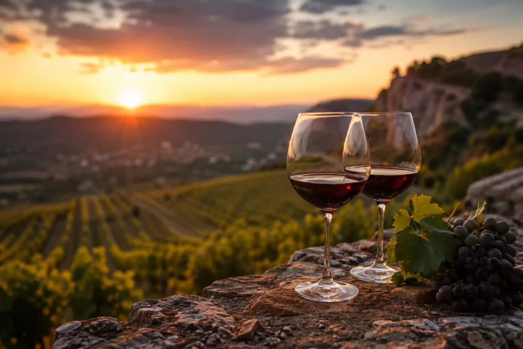 Afterwork convivial dans un domaine viticole de Bourg-Saint-Andéol, verres de vin au coucher du soleil