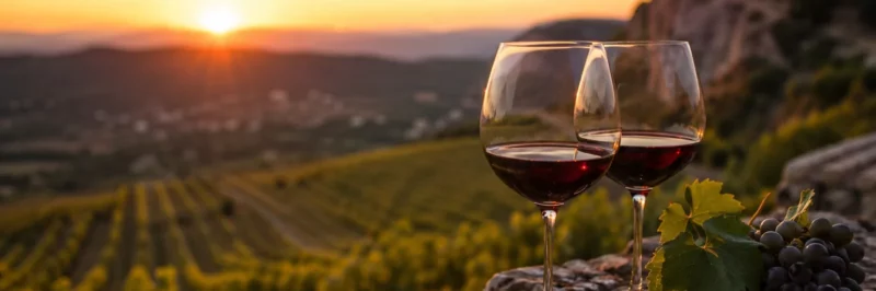 Afterwork convivial dans un domaine viticole de Bourg-Saint-Andéol, verres de vin au coucher du soleil